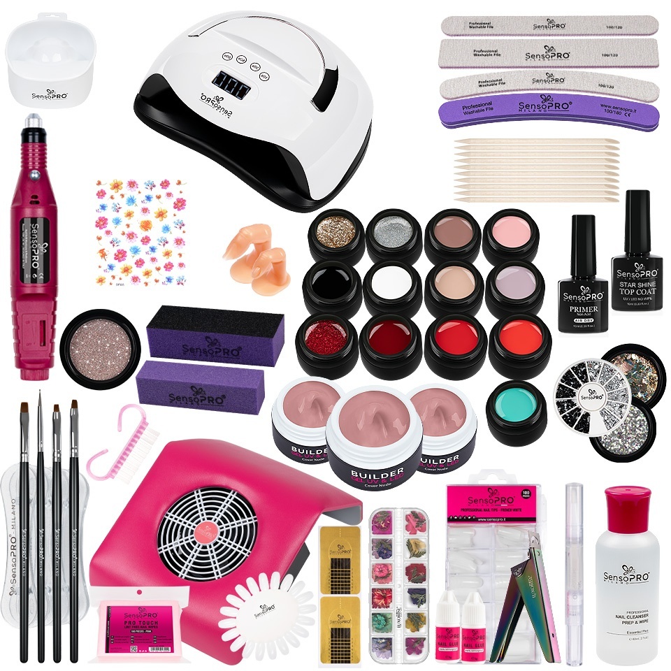 Kit Unghii Gel UV SensoPRO, Lampa 140W, Freza si Cadouri