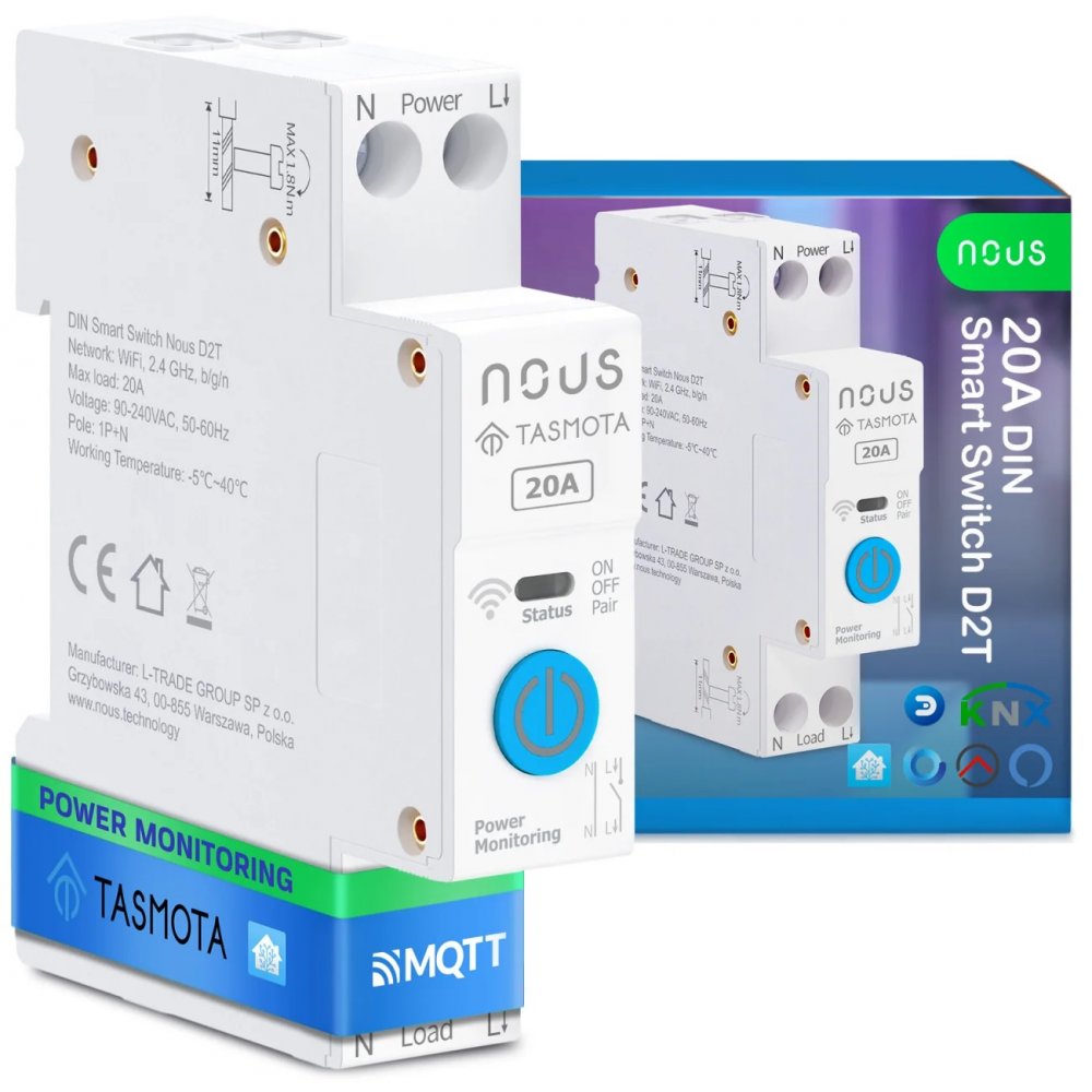 Siguranță inteligentă Nous D2T 20A, Tasmota, șină DIN