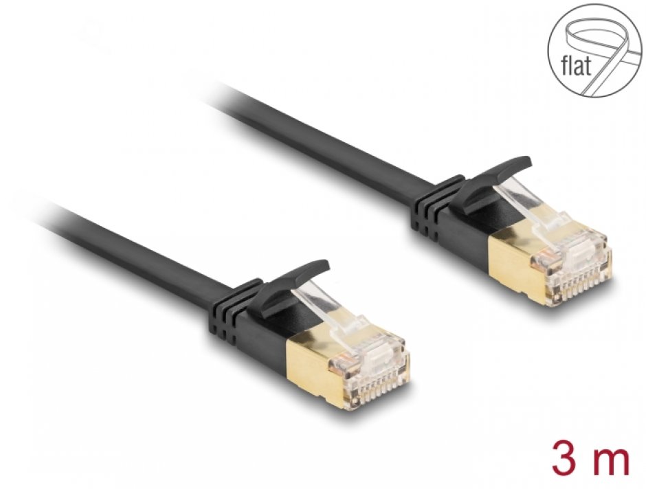 Cablu RJ45 Flat Delock Cat.7, 3m, Flexibil, Negru