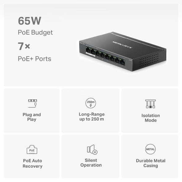 Switch Mercusys MS108GP 8 Porturi Gigabit PoE 65W - imagine 3