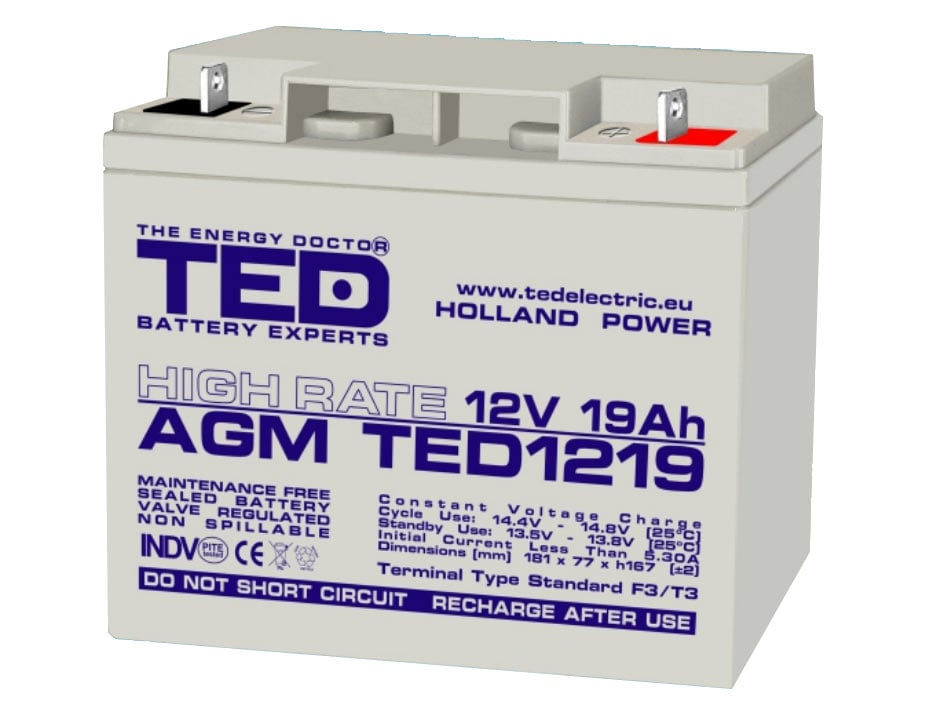 Acumulator TED 12V 19Ah Fără Mentenanță