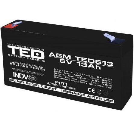 Acumulator AGM VRLA 6V 13A F1 TED Battery Expert Holland