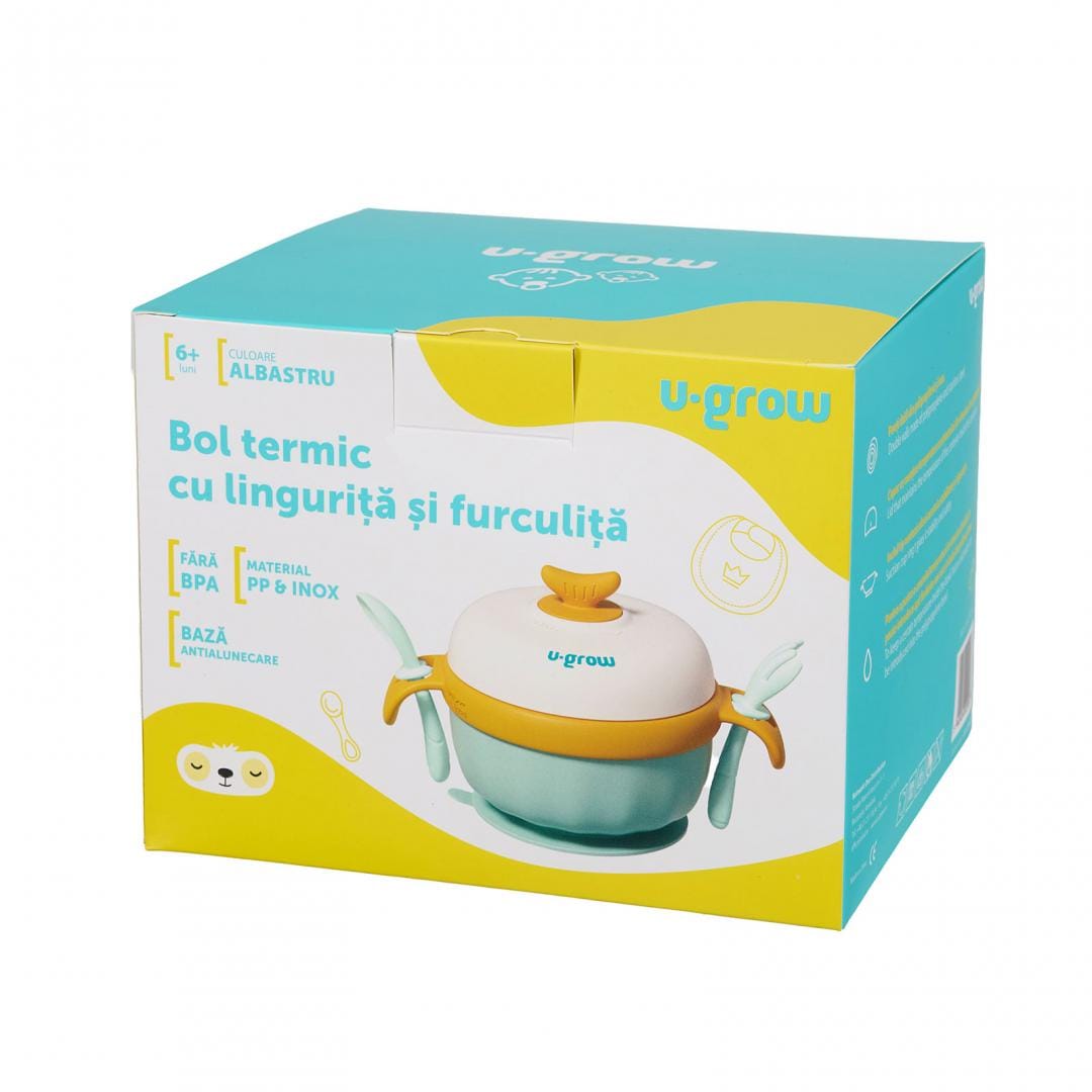 Bol Termic Bebe U-Grow Blue cu Tacâmuri și Bază Antialunecare - imagine 6