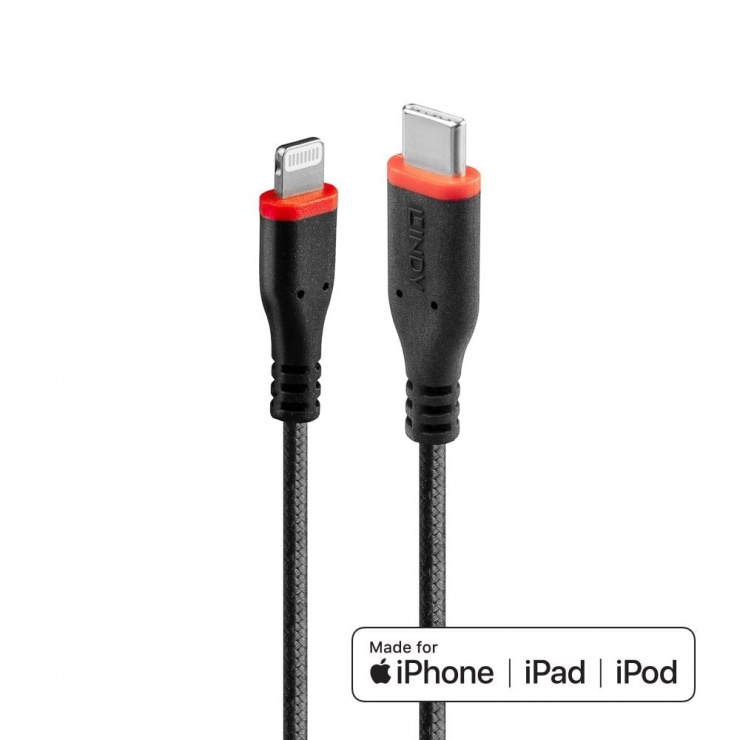 Cablu USB-C la Lightning Lindy 2m, MFi, Rezistent
