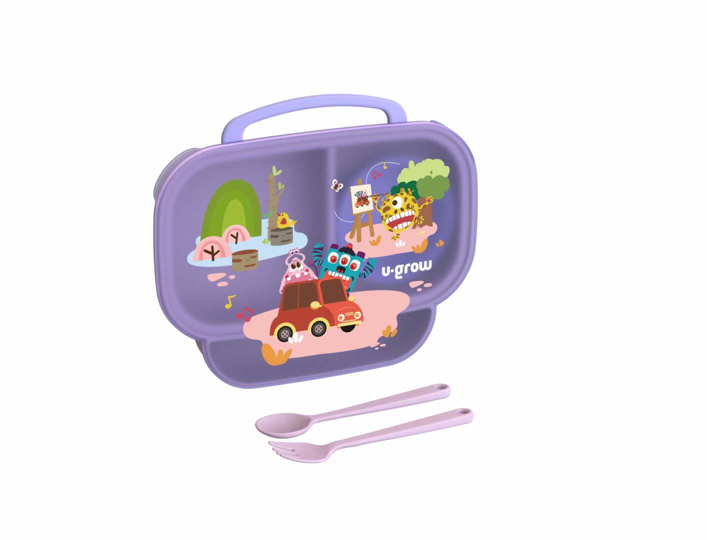 Farfurie Compartimentată U-GROW mov, cu capac și tacâmuri - imagine 2