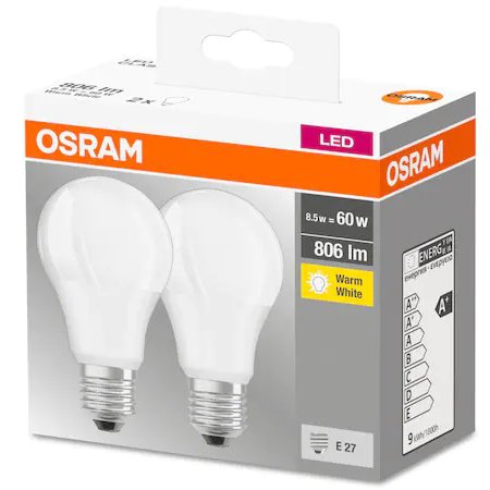 Set 2 Becuri LED Osram E27 8.5W, 60W, 2700K