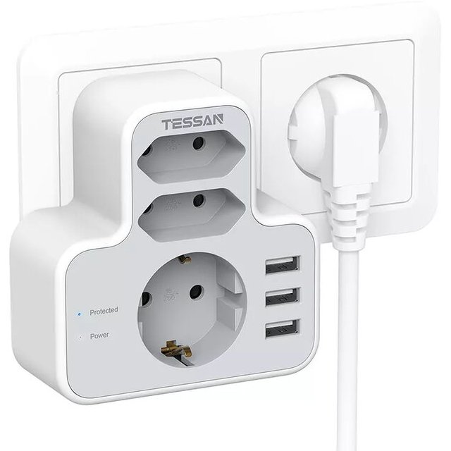 Prelungitor Tessan TS-327, 3 prize, 3 USB, 3600 W, Alb