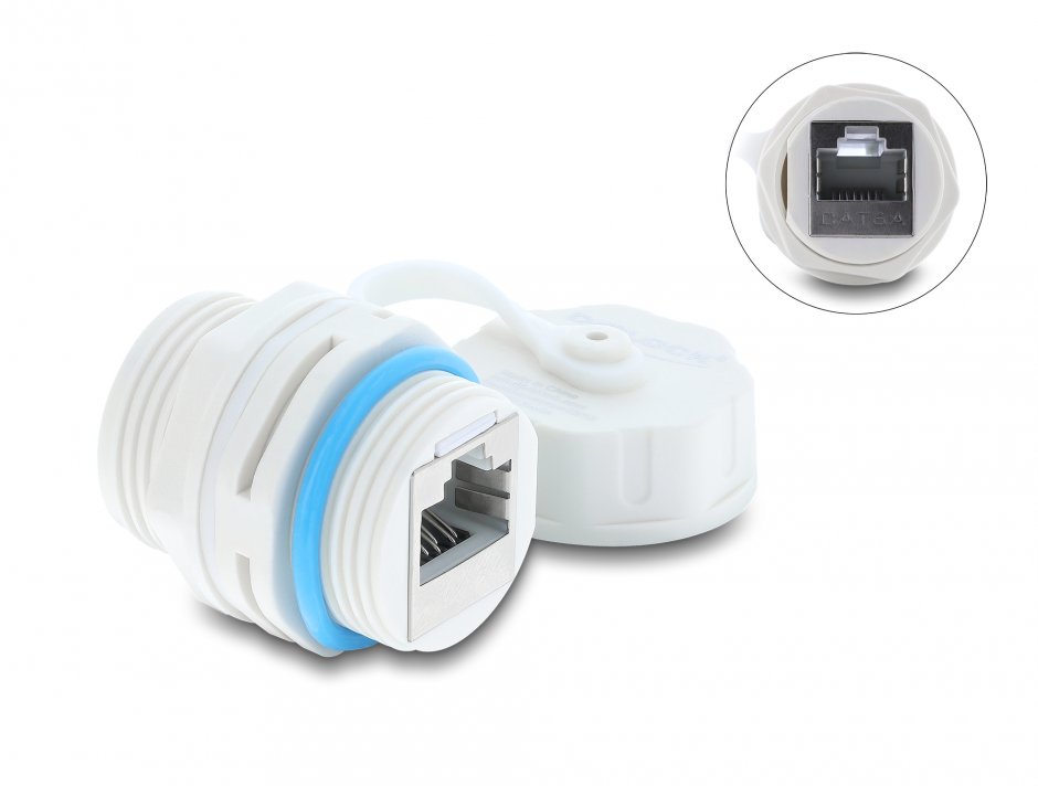 Cuplă rețea RJ45 Cat.6A IP68 albă, Delock 87156