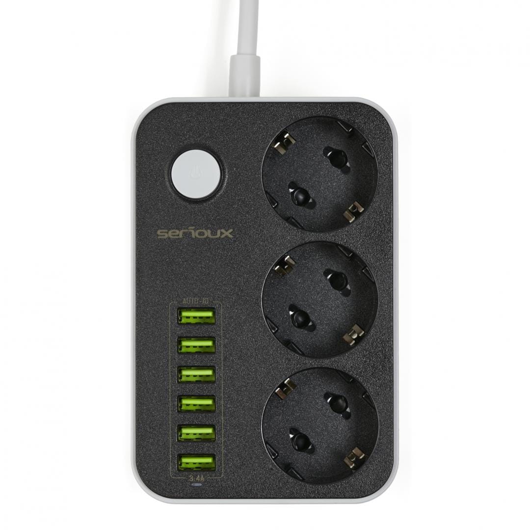 Prelungitor SERIOUX 3 Prize Schuko si 6 USB, 2500W, Negru - imagine 5