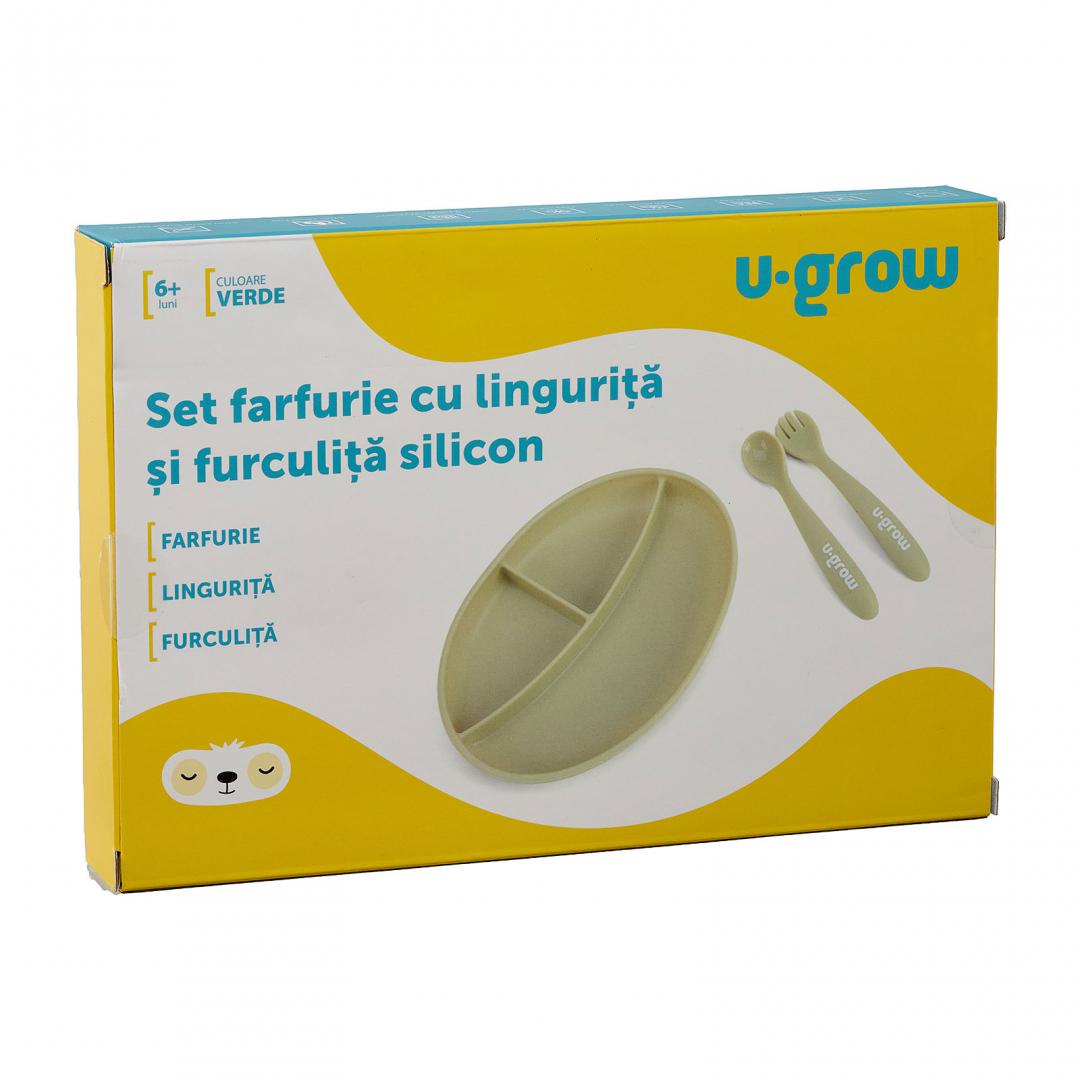 Set Farfurie Silicon U-GROW Olive cu Tacâmuri pentru Bebeluși - imagine 3