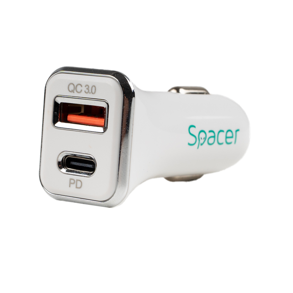 Alimentator Auto SPACER 38W QC+PD USB-C alb - imagine 2