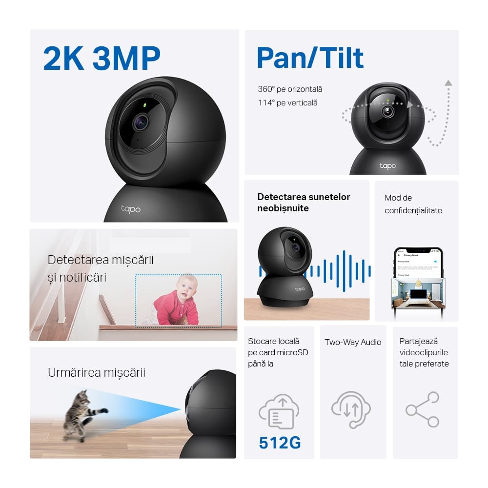 Cameră Supraveghere WiFi 2K TP-Link Tapo Pan/Tilt cu Rotire 360° - imagine 8