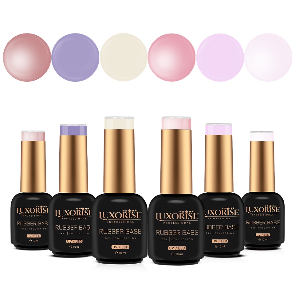 Set 6 Rubber Base 10ml LUXORISE Glam Crush, nuante perlate