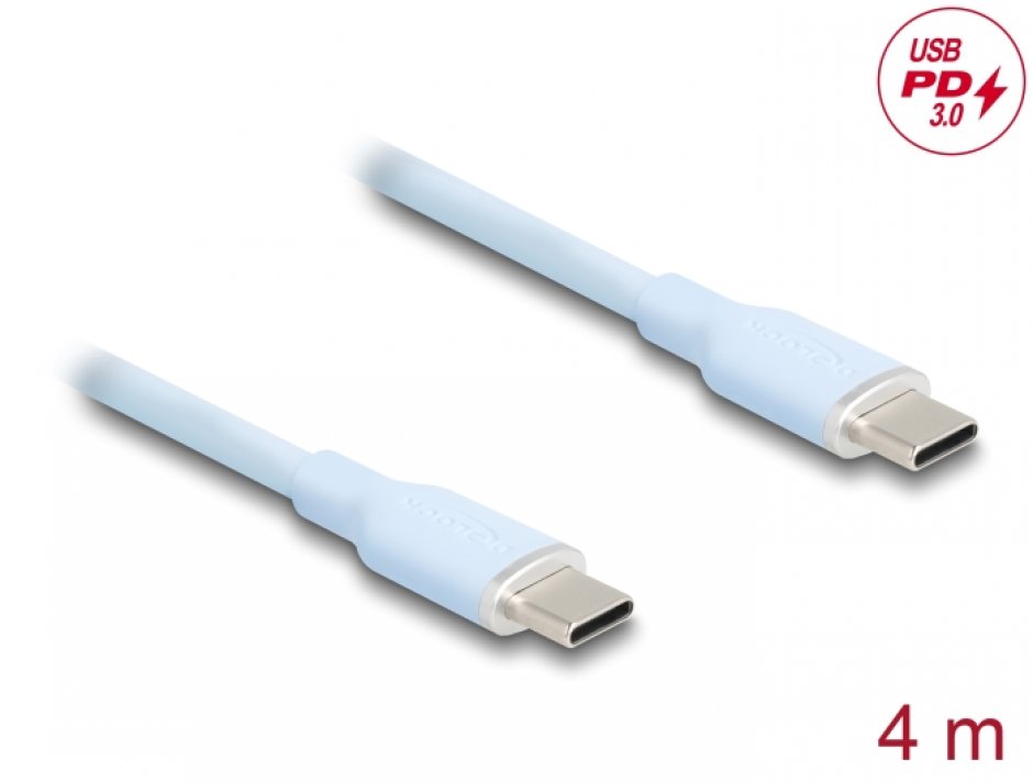 Cablu USB-C Delock 4m, 60W, Silicon Albastru