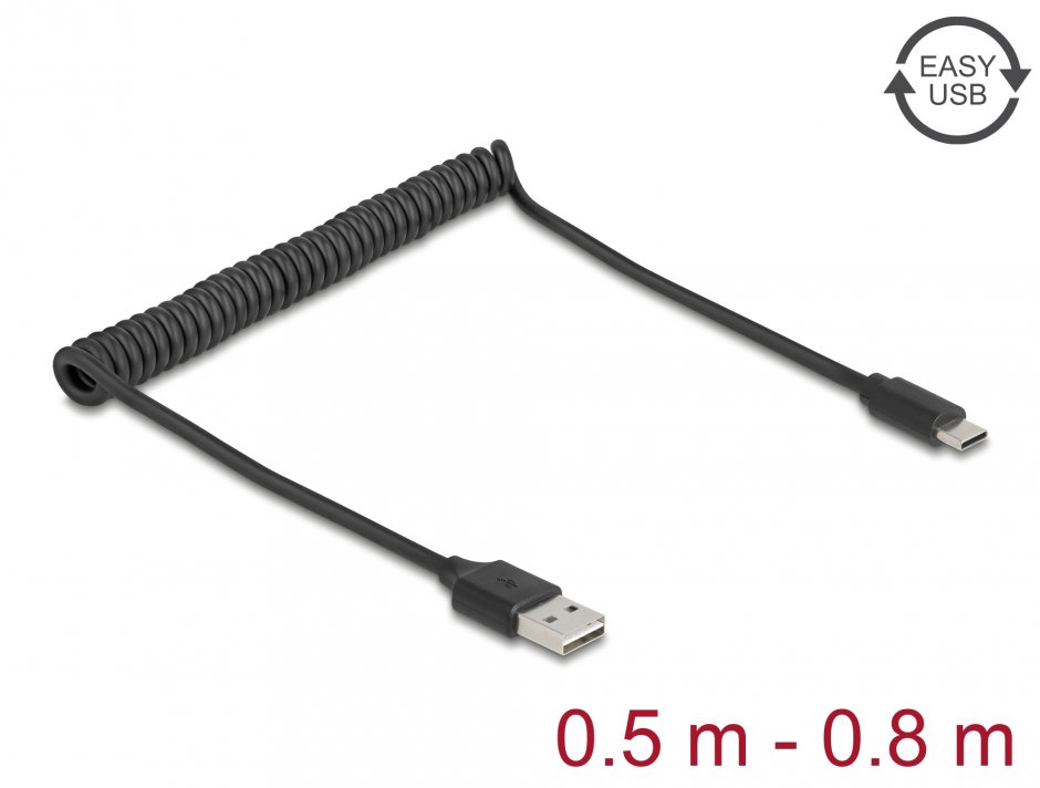 Cablu Spiralat Delock USB-A la Type-C, 0.8m, Reversibil