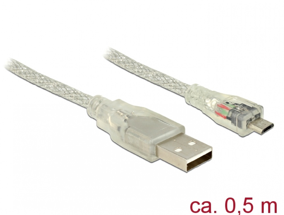 Cablu USB la MicroUSB Delock 0.5m Transparent