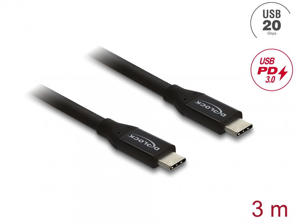 Cablu USB-C Delock 3m 20Gbps 60W