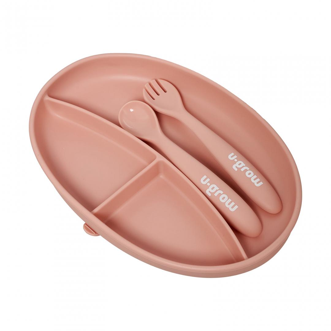 Set Farfurie Silicon Roz U-Grow cu Linguriță și Furculiță - imagine 2