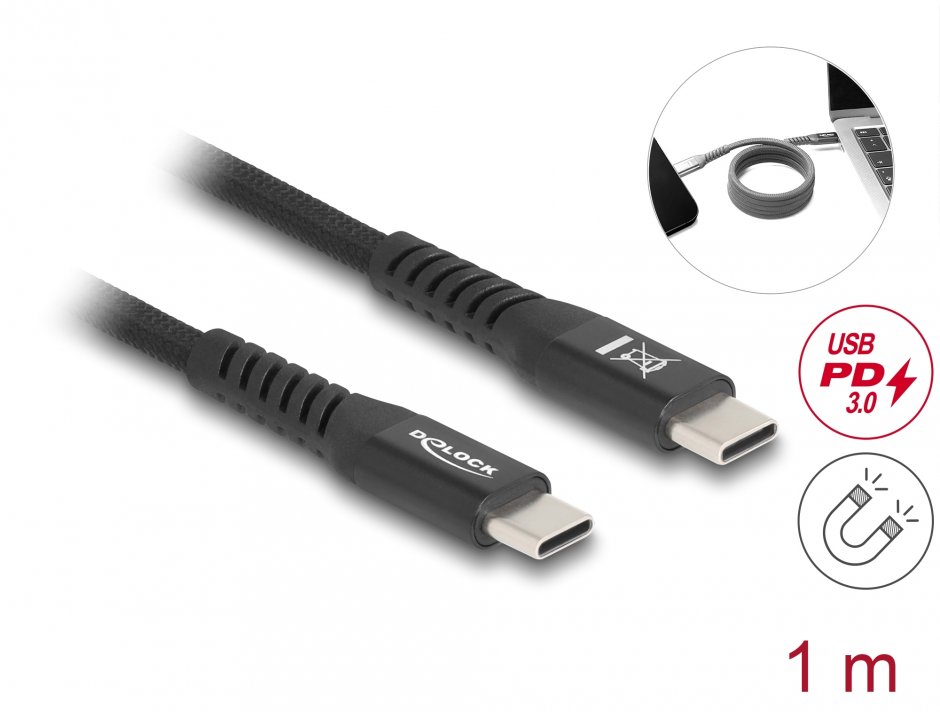 Cablu Delock USB-C 1m Magnetic PD 60W, fără încurcături