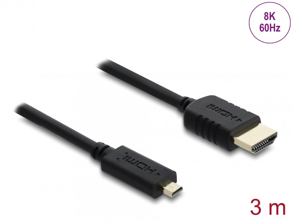 Cablu HDMI micro-D Delock 8K60Hz, 3m, Negru