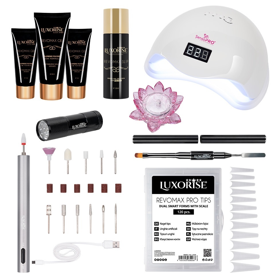 Kit Polygel Luxorise Elite PRO cu Lampa & Freza