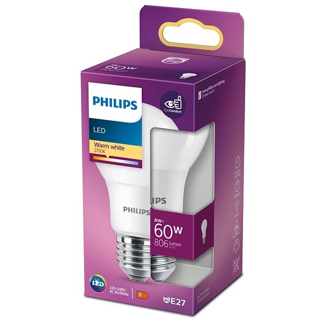 Bec LED Philips 8W E27, 806lm, Lumina Caldă
