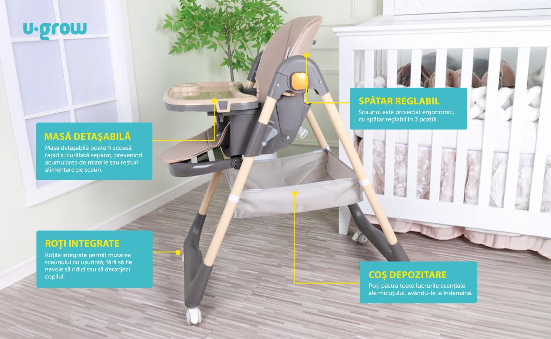 Scaun Masa Bebe Reglabil U-Grow Brown | Pliabil, 0.5-4 Ani - imagine 8