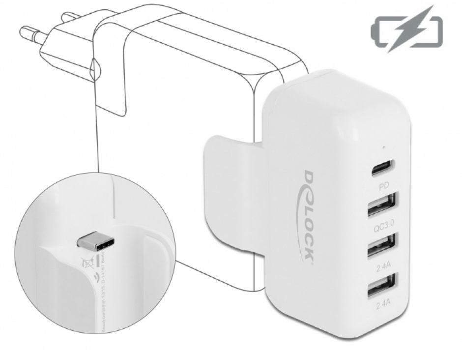 Adaptor Delock USB-C PD 3.0 și QC 3.0
