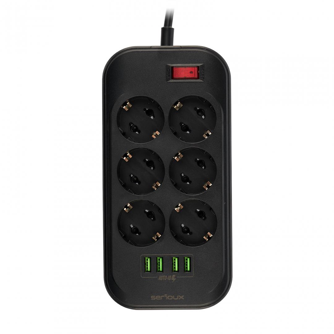 Prelungitor Serioux 6 Prize + 4 USB, 2500W, Protecție Sigură