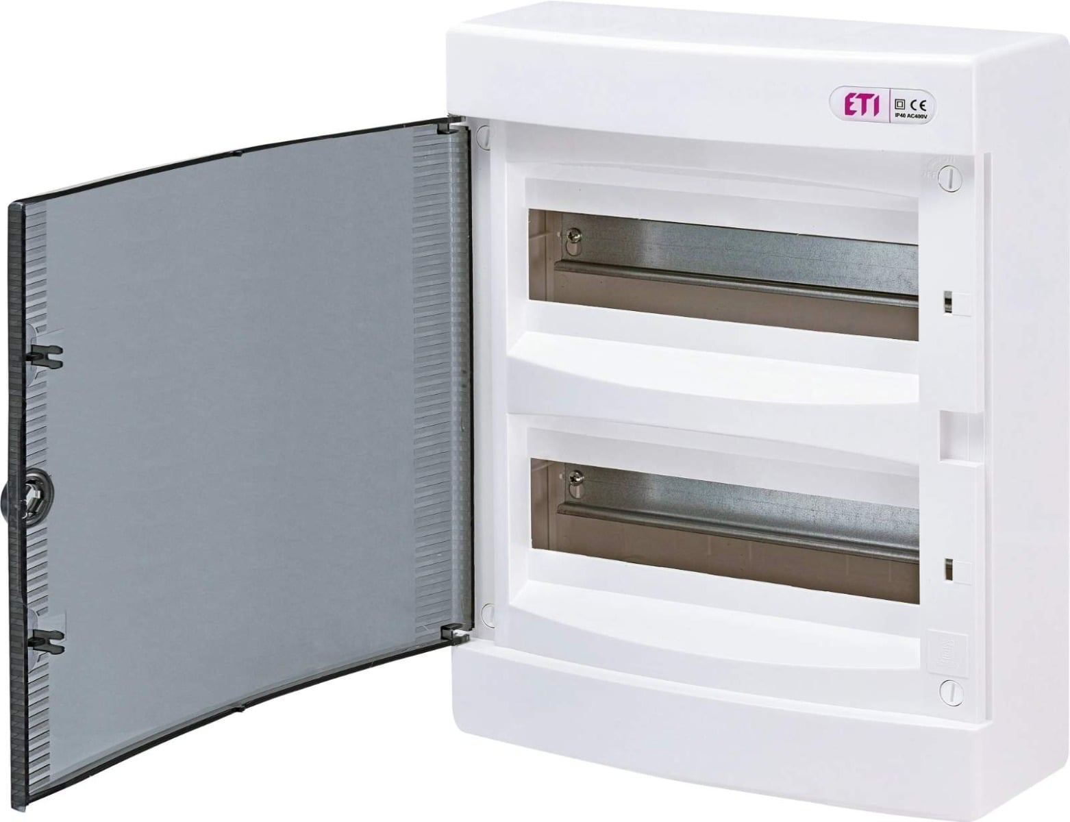 Cutie distributie, montaj aplicat ETI, 2 randuri, 24 module, IP40, usa transparenta, 63A, 400V, ECT24PT