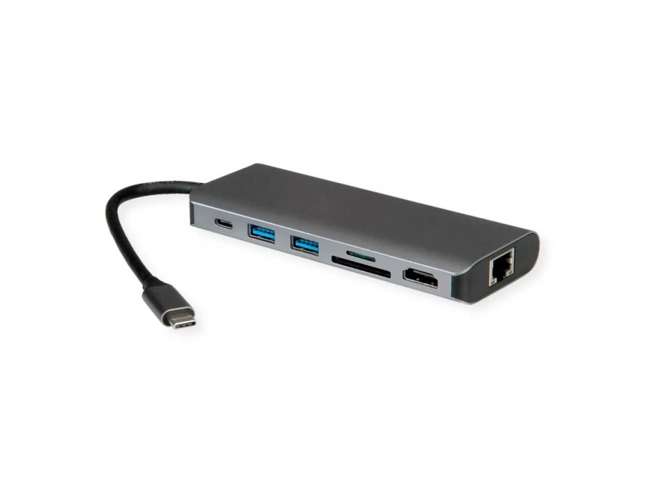 Docking Station USB-C Roline, 8K HDMI, Gigabit, PD 60W