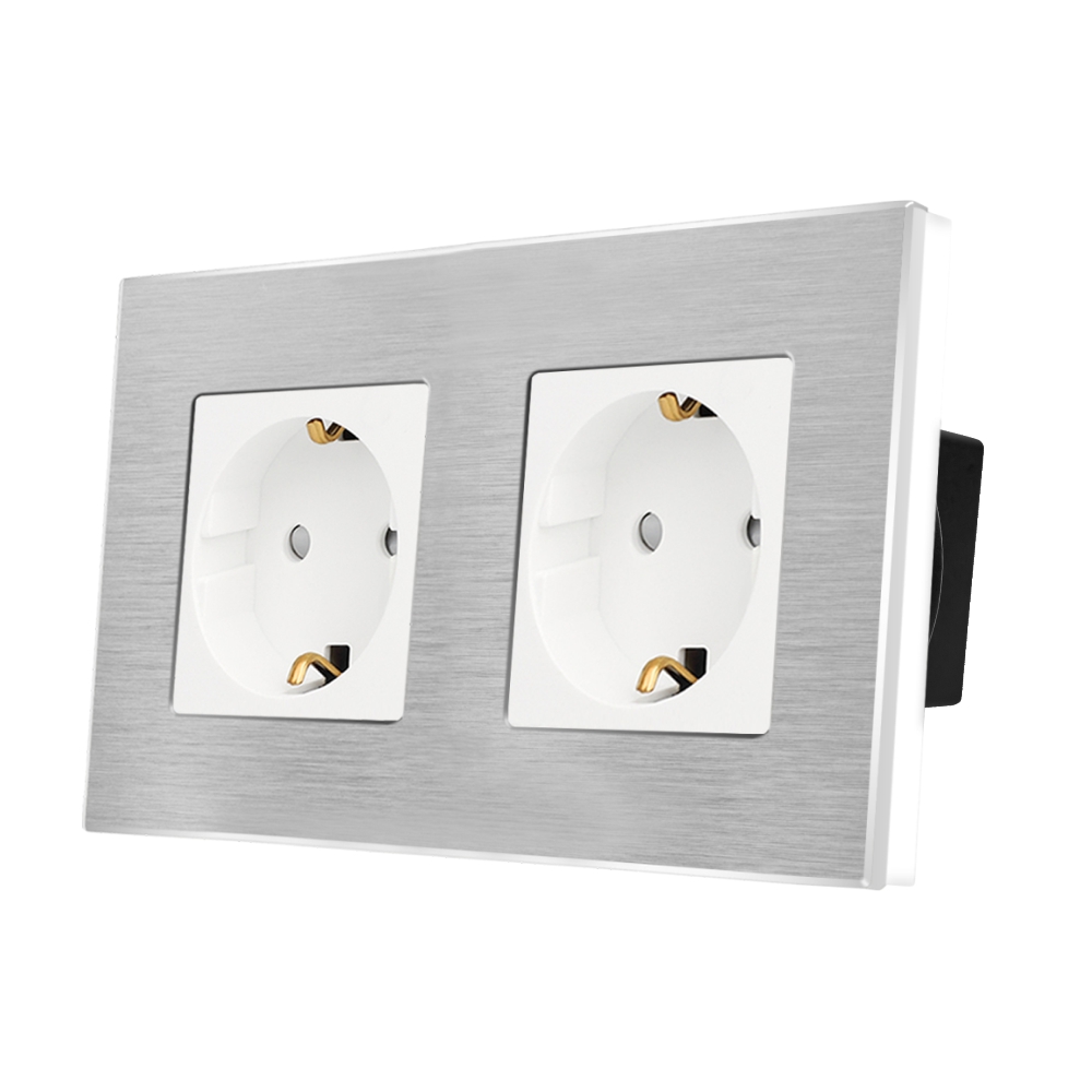 Priza Dubla LUXION, Rama Aluminiu, IP45, Protectie Copii