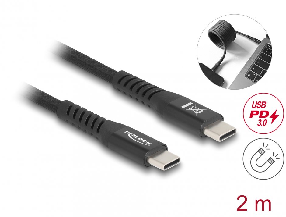 Cablu USB-C Delock 2m Magnetic PD 60W Negru