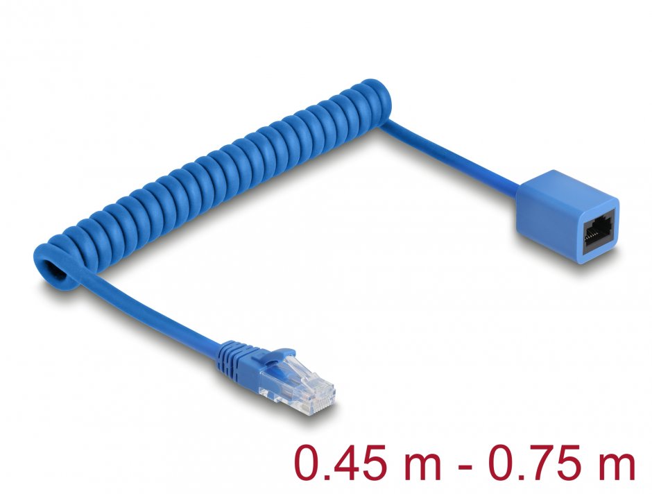 Cablu Spiralat RJ45 Cat.6 UTP Delock, Albastru, 0.75m