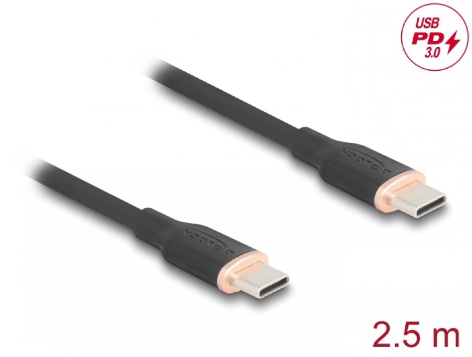 Cablu USB-C Delock 2.5m, 60W PD, Silicon Negru