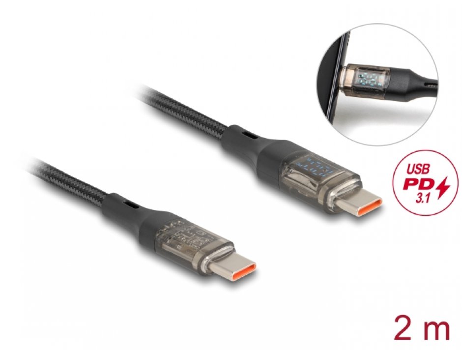 Cablu USB-C Delock 100W, 2m, Display, Transparent