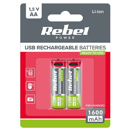 Acumulatori Li-ion AA R6 1600mah Usb-c Blister 2 Rebel BAT2014