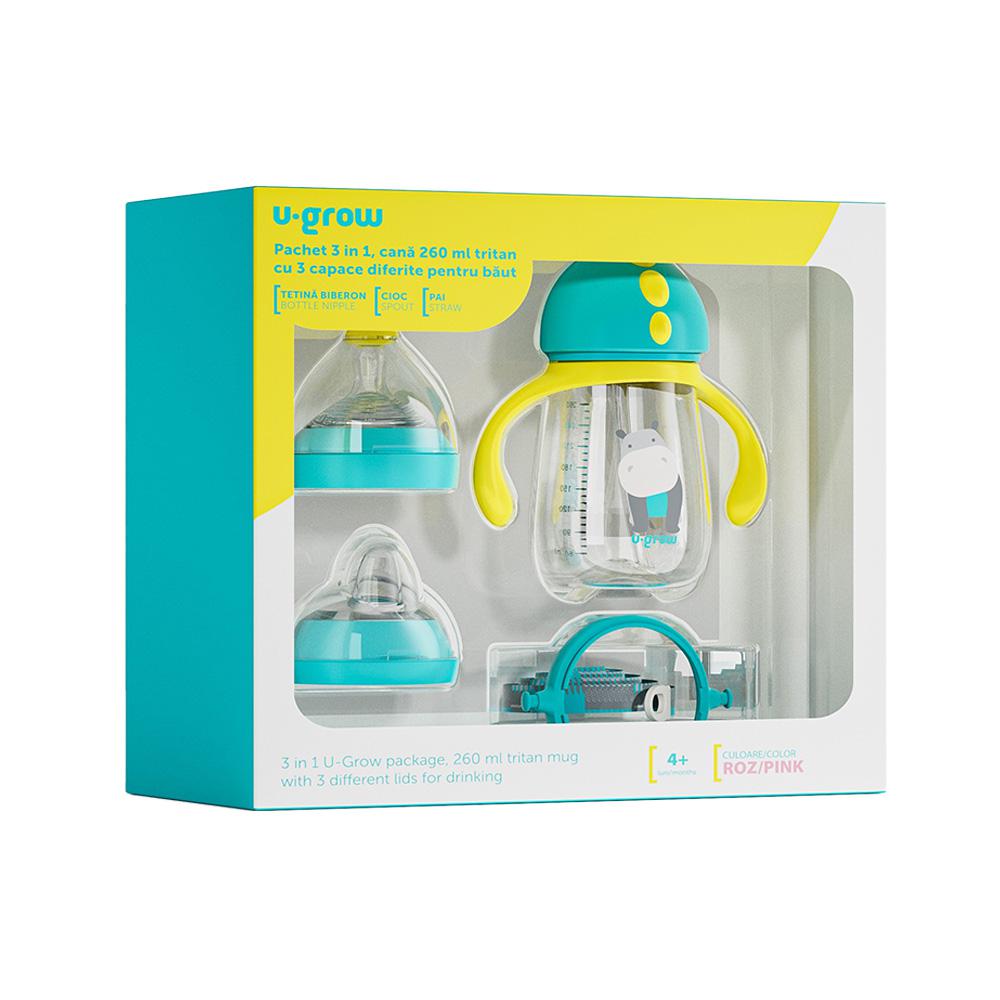 Cana 3in1 Tritan 260ml U-Grow Blue - Tetina, Cioc si Pai