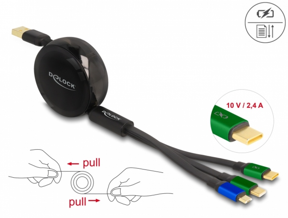 Cablu 3 in 1 Delock Retractabil USB-C Fast Charge