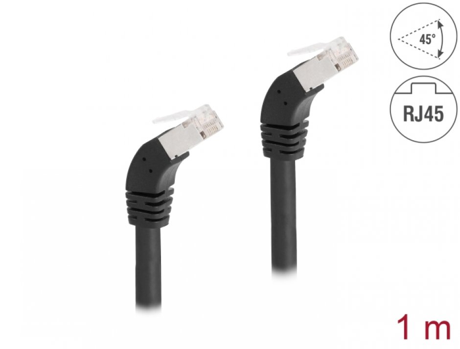 Cablu RJ45 Cat.6A S/FTP Unghi 45° 1m Negru Delock