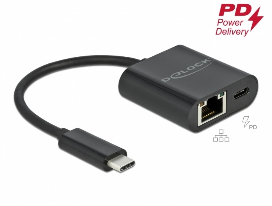 Adaptor USB-C la LAN Gigabit, Delock 66644, 60W PD