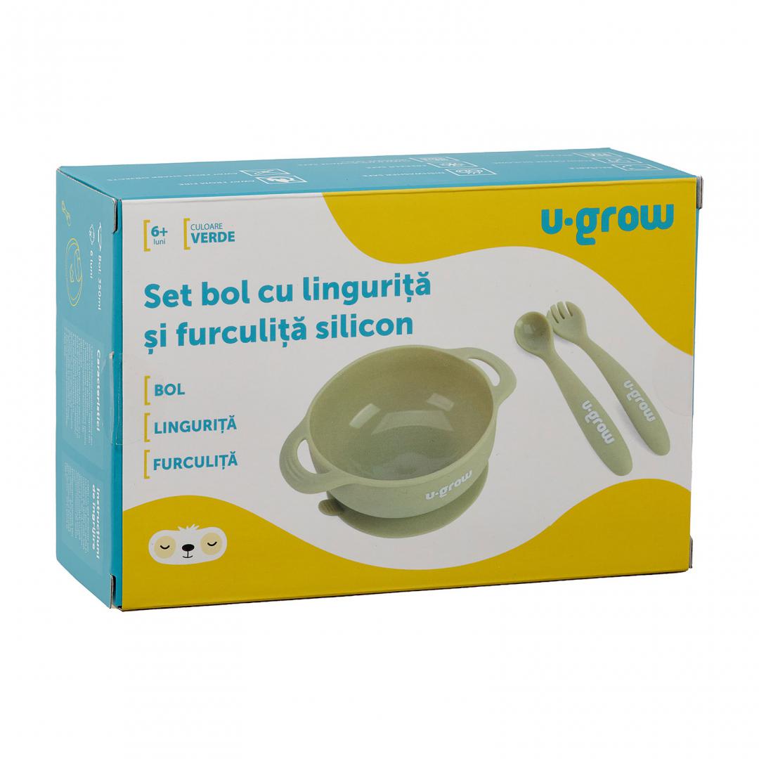 Set Bol Silicon U-GROW Olive cu Linguriță și Furculiță Bebeluși - imagine 3