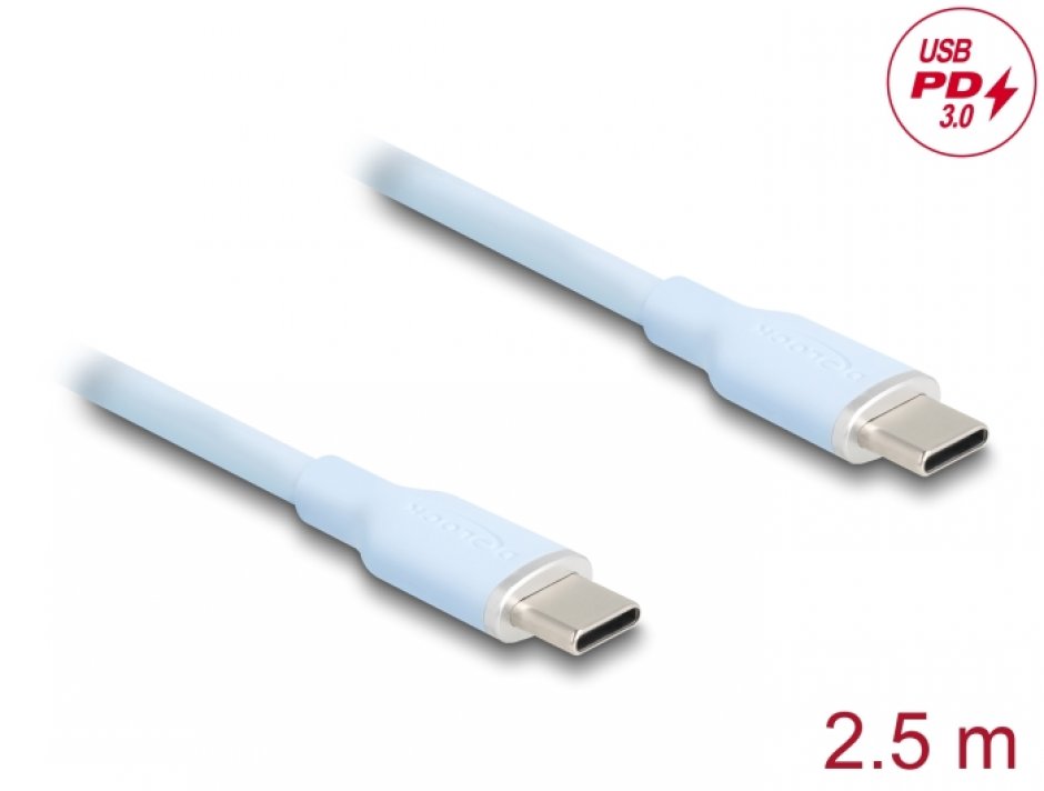Cablu USB-C Delock 2.5m, 60W PD 3.0 Silicon