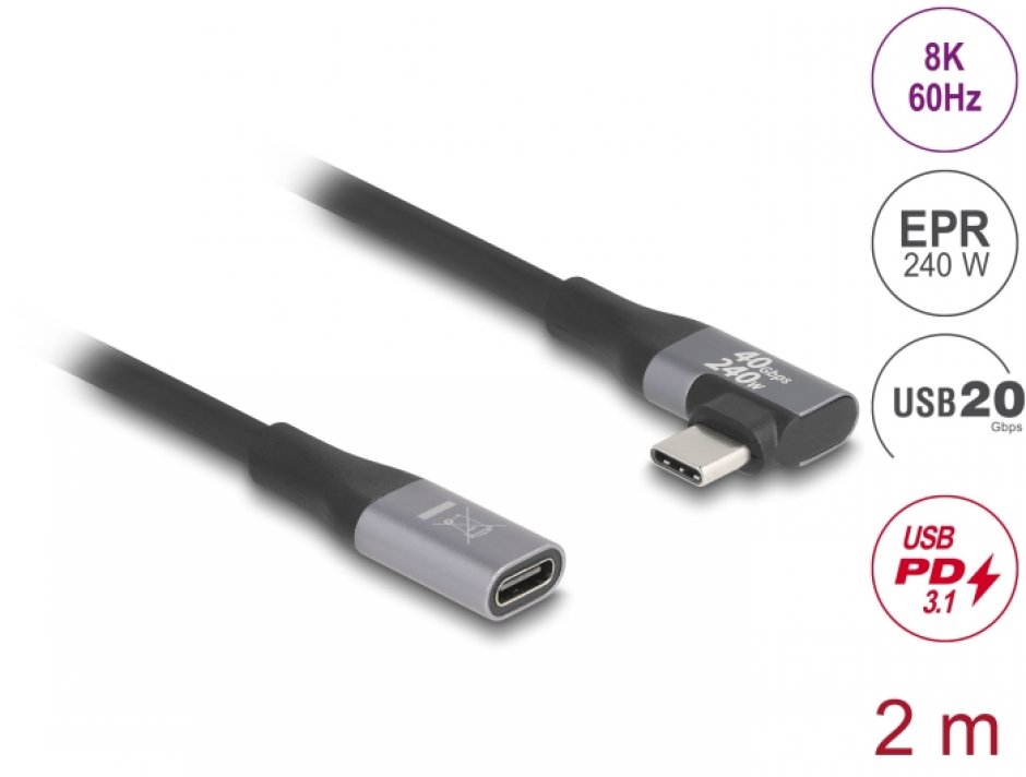 Cablu USB-C Delock 20Gbps, 240W, 2m, 4K