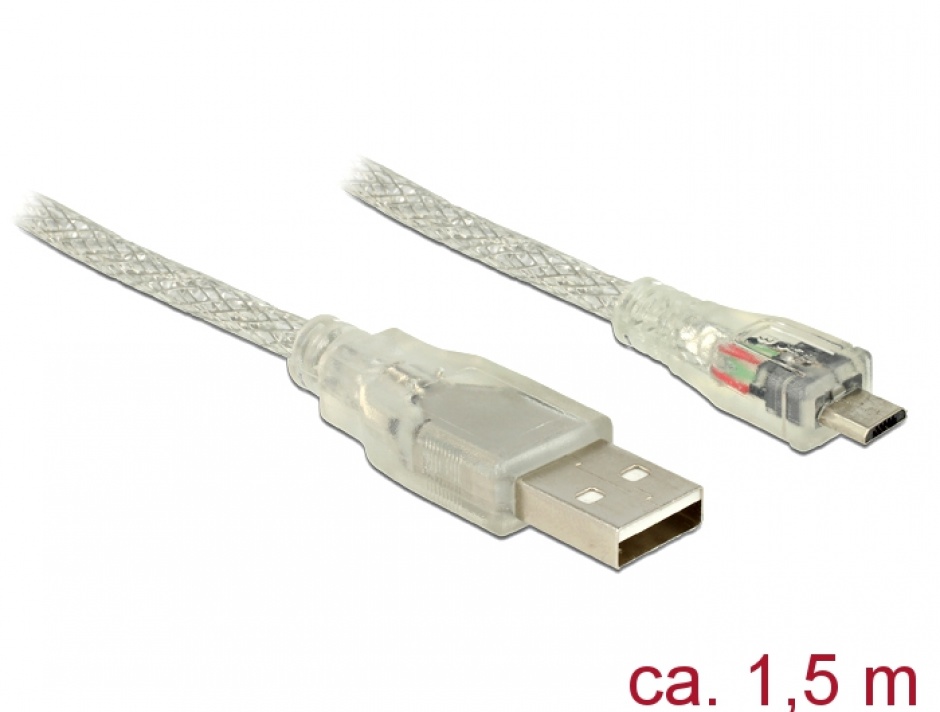 Cablu USB 2.0 la MicroUSB Delock 1.5m Transparent