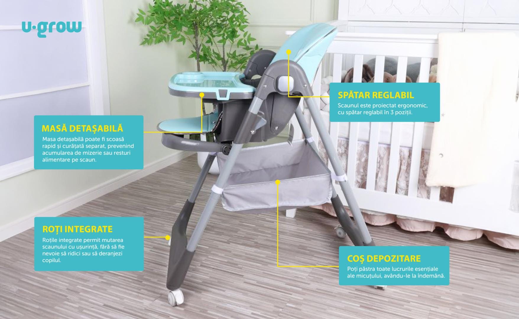 Scaun de Masa Bebe Reglabil U-Grow Blue - Pliabil, 7 Nivele - imagine 5