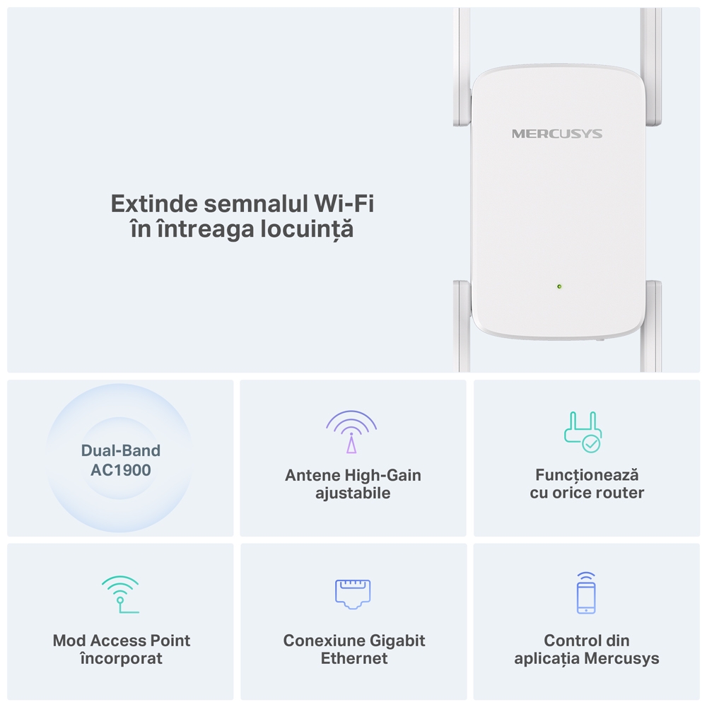Range Extender Mercusys ME50G AC1900 Dual-Band - Semnal WiFi Puternic în Toată Casa - imagine 3