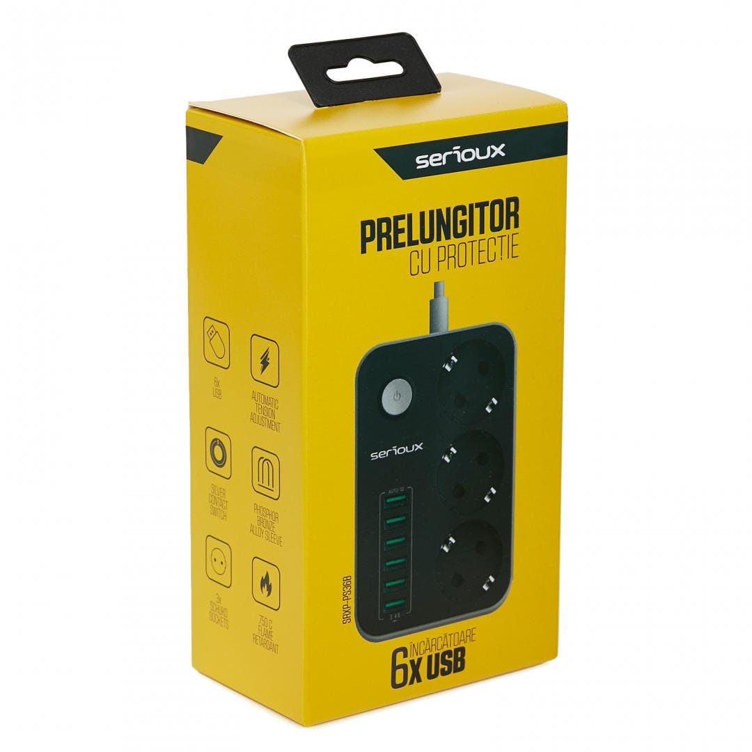Prelungitor SERIOUX 3 Prize Schuko si 6 USB, 2500W, Negru - imagine 6