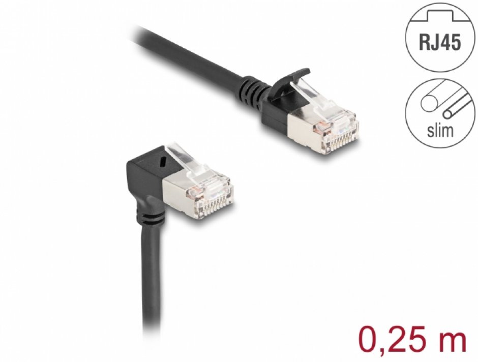 Cablu RJ45 Cat.6A S/FTP Slim 90° Delock, 0.25m