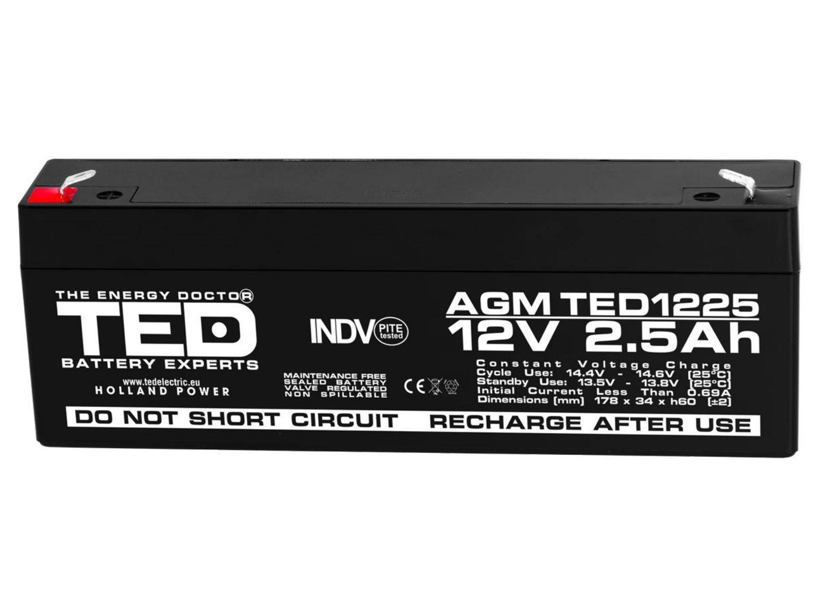 Acumulator TED Electric 12V 2.5Ah AGM etanș, fără mentenanță